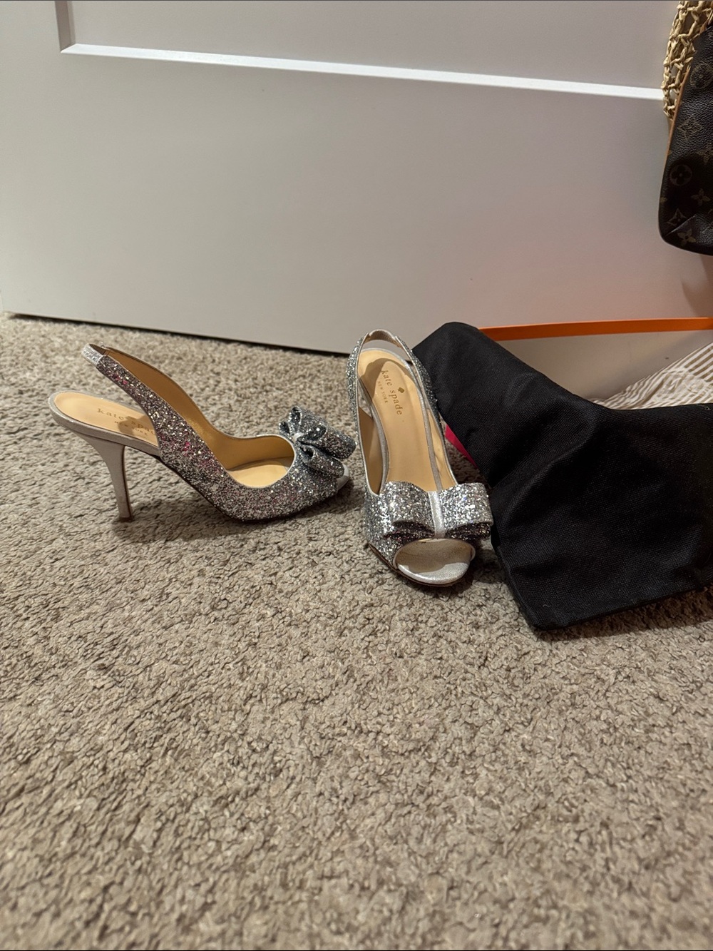 kate spade Silver Glitter Slingback Heels with Bow